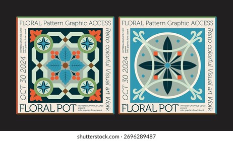 Retro floral tile pattern poster vintage geometric glower graphic design Mid Century Modern Art Illustration antique tile patterns vintage baroque royal floral plant leaf ornament imperial rococo deco