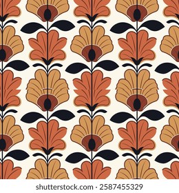 Retro Floral Tile Seamless Pattern in Orange and Brown