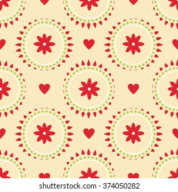 Retro floral vector background with green circles, red hearts, red flowers and dots. Pale yellow