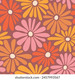 Fondo de Vector floral retro. Diseño de superficie en estilo hippie. Antiguas flores de margarita. Diseño de patrón moderno para textil, papelería, papel de embalaje, regalos. 60, 70, 80 estilo