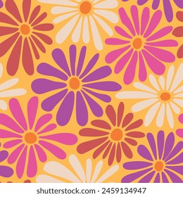 Retro floral vector background. Surface design in style of hippie. Vintage groovy daisy flowers. Modern pattern design for textile, stationery, wrapping paper, gifts. 60s, 70s, 80s style