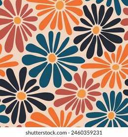 Retro floral vector background. Surface design in style of hippie. Vintage groovy daisy flowers. Modern pattern design for textile, stationery, wrapping paper, gifts. 60s, 70s, 80s style