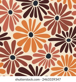 Retro floral vector background. Surface design in style of hippie. Vintage groovy daisy flowers. Modern pattern design for textile, stationery, wrapping paper, gifts. 60s, 70s, 80s style