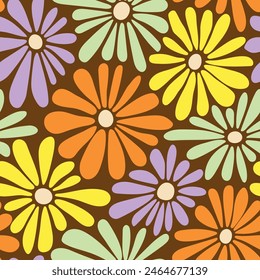 Fondo de Vector floral retro. Diseño de superficie en estilo hippie. Antiguas flores de margarita. Diseño de patrón moderno para textil, papelería, papel de embalaje, regalos. 60, 70, 80 estilo