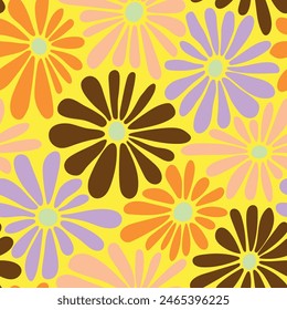 Fondo de Vector floral retro. Diseño de superficie en estilo hippie. Antiguas flores de margarita. Diseño de patrón moderno para textil, papelería, papel de embalaje, regalos. 60, 70, 80 estilo