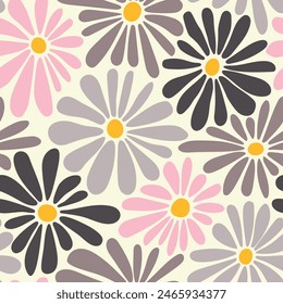 Retro floral vector background. Surface design in style of hippie. Vintage groovy daisy flowers. Modern pattern design for textile, stationery, wrapping paper, gifts. 60s, 70s, 80s style