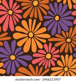 Retro floral vector background. Surface design in style of hippie. Vintage groovy daisy flowers. Modern pattern design for textile, stationery, wrapping paper, gifts. 60s, 70s, 80s style