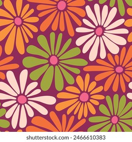 Retro floral vector background. Surface design in style of hippie. Vintage groovy daisy flowers. Modern pattern design for textile, stationery, wrapping paper, gifts. 60s, 70s, 80s style