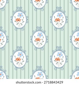 Viñeta floral retro, patrón sin fisuras. Patrón floral de la viñeta de Antiguas, fondo de rayas verdes. Patrón floral retro, Fondo de pantalla elegante
