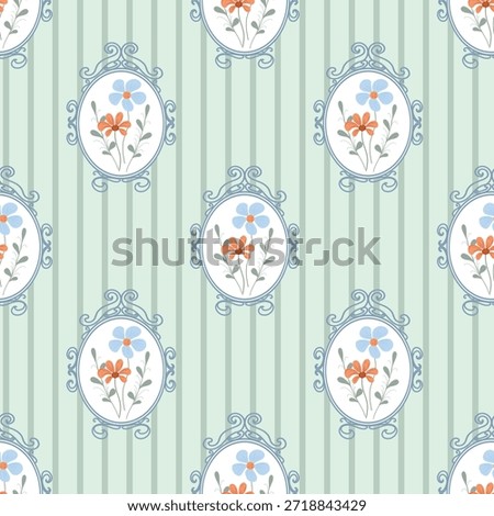 Retro floral vignette, seamless pattern. Vintage vignette floral pattern, green stripes background. Retro floral pattern, elegant wallpaper
