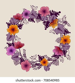 Retro floral wreath on cream background. Flower frame template for weddings, invitations and greeting cards. Eps10 vector