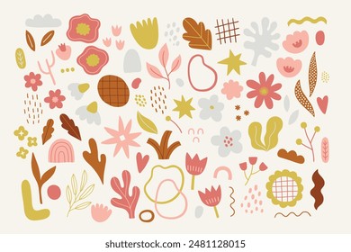 Retro florals collection - flowers, tulip, chamomile, heart, berry, leaves, sunflower, star, abstract shape in Pink, Yellow, White, Brown. Perfect for summer greetings