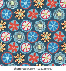 Retro florals seamless vector background. 1960s, 1970s flower design. Red, blue, and yellow doodle flowers on a blue background. Vintage flower pattern for fabric, paper, wallpaper, web banners, kids