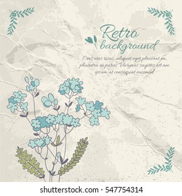 Retro flourish background with text blue flower green leaves on crumpled paper vector illustration