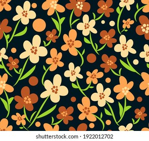 retro flourish seamless patterns in brown, beige and orange design with green stems, black background, 70s and 80s retro, hipster design, nostalgic ornament, vector art