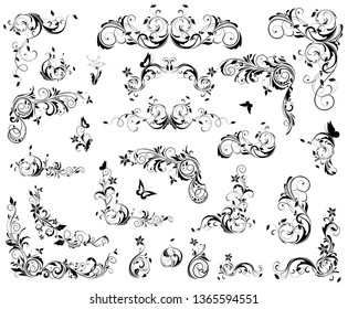 Retro flourishes decorative elements set. Black and white vintage design