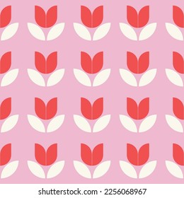 Retro flower background pattern. Floral vector seamless repeat of red and pink tulips. Design element.