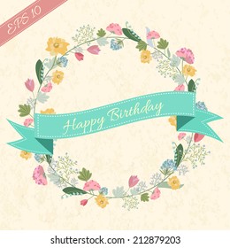 retro flower background with ribbon circle concept postcard. Vector illustration