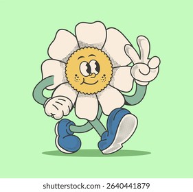 retro flower cartoon character with a cute face and groovy 70s style. fun, playful, and perfect for stickers, prints, and vector illustration