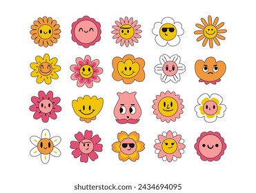 Retro Flower Cartoon Illustration Set