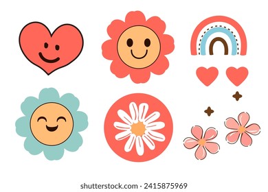 Retro flower cartoons, red heart and rainbow icon set isolated on white background vector illustration.