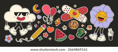 Retro flower character with smiling faces among groovy stickers including cool cloud, balloons, pencil, watermelon and peace symbol. Vintage elements with hearts and stars for nostalgic decorating.