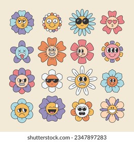 Retro flower characters set with emotions. Sticker pack in trendy retro psychedelic cartoon style. Editable stroke elements.Isolated vector illustration.