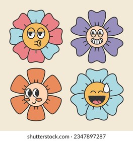 Personajes de flores retro ambientados con emociones. Paquete de pegatinas en estilo retro de caricaturas psicodélicas. Elementos de trazo editables.Isolación de ilustración vectorial.