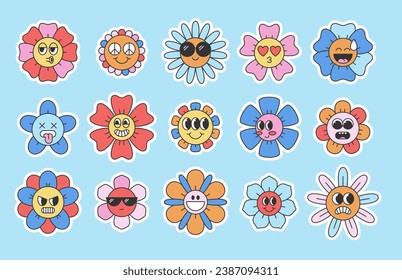 Retro flower characters set with emotions. Sticker pack in trendy cartoon style. Editable stroke elements.Isolated vector illustration. 