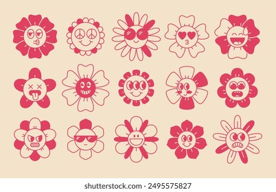 Retro flower characters set with emotions. Sticker pack in trendy retro  cartoon style. Editable stroke elements. Isolated vector illustration.