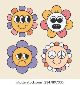 Retro flower characters set. Sticker pack in trendy retro style. Groovy daisy with emoji. Editable stroke elements.Isolated vector illustration.