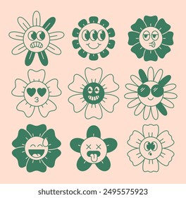 Retro flower characters set. Sticker pack in trendy retro style. Groovy daisy with emoji. Editable stroke elements. Isolated vector elements.