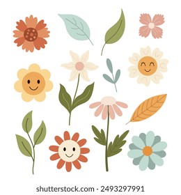 Retro-Blumen-Clipart. Flower Power Clipart. Groovy Blume Doodle. Retro-Baby-Clipart. Boho florale Clip-Kunst im flachen Stil. handgezeichnete Illustration