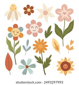 Retro flower clipart. Flower power clipart. Groovy flower doodle. Retro baby clipart. Boho floral clip art in flat style. Hand drawn illustration