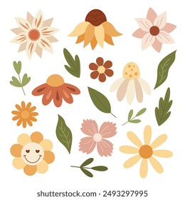 Clipart de flores retro. Clipart de flor. Garabato floral estupendo. Clipart de bebé retro. Arte de Clip floral boho en estilo plano. Ilustración dibujada a mano