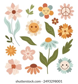 Clipart de flores retro. Clipart de flor. Garabato floral estupendo. Clipart de bebé retro. Arte de Clip floral boho en estilo plano. Ilustración dibujada a mano