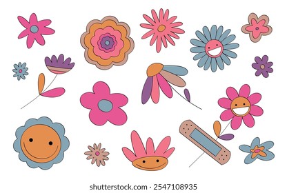 Retro flower collection by 60s-70s design. Vibrant floral elements featuring smiling faces, layered petals, and playful colors. Perfect for vintage-themed projects, stickers, or digital scrapbooking