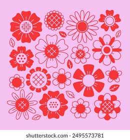 Colección de flores retro. Paquete de pegatinas en estilo de dibujos animados retro de moda. Elementos de trazo editables. Ilustración vectorial aislada.