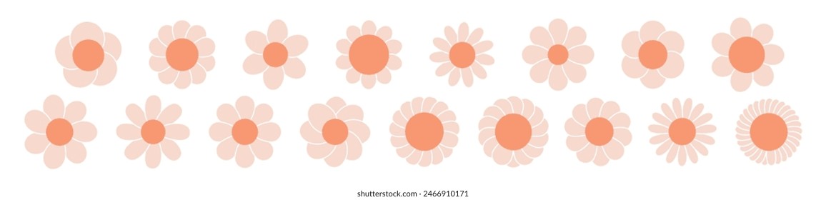 Retro flower with groovy daisy face, cute cartoon. 70s pattern with happy smile and floral background. Psychedelic icon and spring character. Vintage graphic sticker. Flat vector illustration isolated