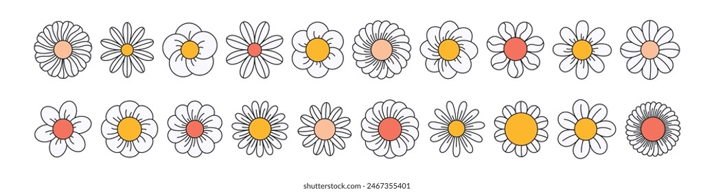 Retro flower with groovy daisy face and cute smile. 70s cartoon pattern with happy character. Psychedelic floral and hippy icon. Flat vector illustration isolated on white background.