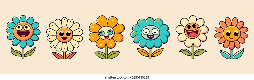 Pegatina retro floral groovic, vector lindo personaje de dibujos animados con cara sonriente, divertida flor hippy daisy