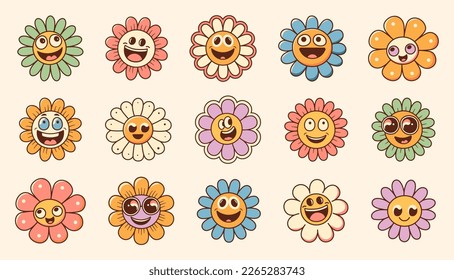 Retro flower groovy sticker, vector cute cartoon character with smiley face, funny hippy daisy flower