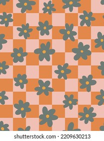 Retro flower heads on checked background seamless repeat pattern. Child like, vector grid with florals all over surface print.