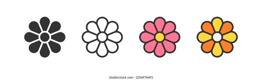 Retro flower icon on light background. Vintage hippie symbol. Hipster concept. Clipart element sign. Outline, flat, and colored style. Flat design. 