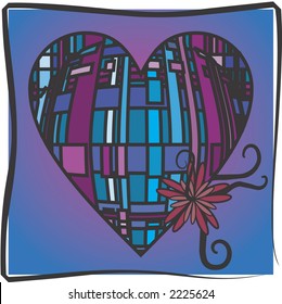 Retro flower and a large bold geometric plaid heart in a romantic background.