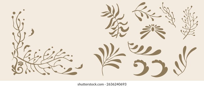 Retro flower and leaves border element object in wavy line style