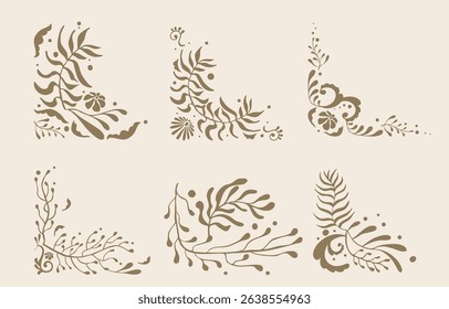 Retro flower and leaves border element object in wavy line style