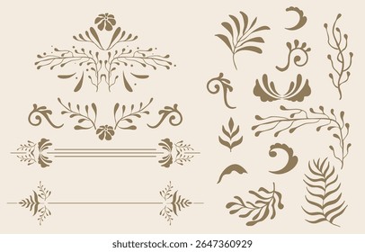 Retro flower and leaves border element object in wavy line style