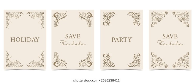 Retro flower and leaves frame background in wavy line style for vertical A4 design