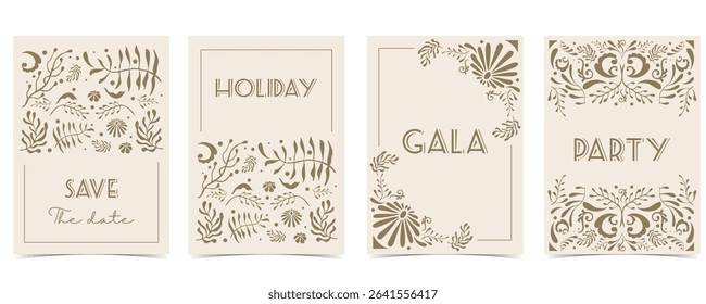 Retro flower and leaves frame background in wavy line style for vertical A4 design